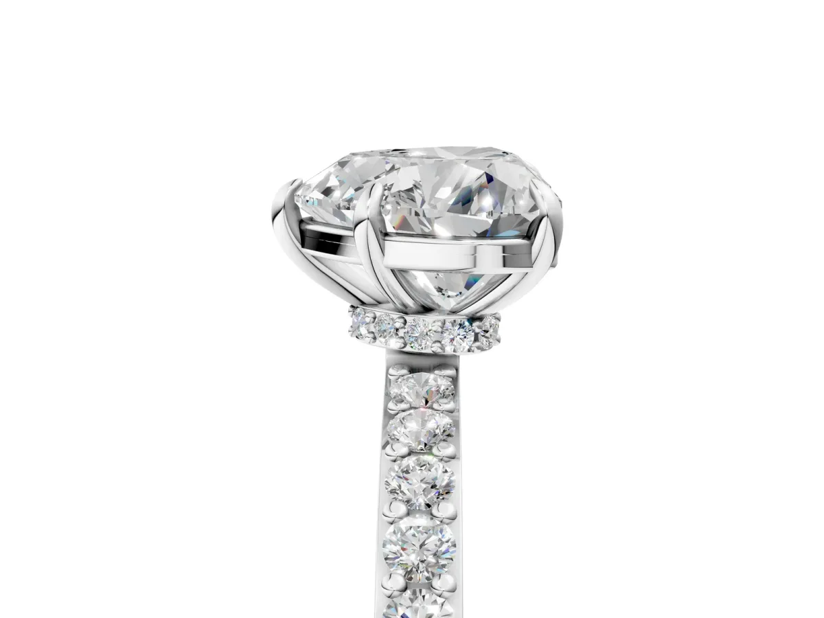 Heart Cut Diamond Solitaire Engagement Ring with Pavé Band and Four-Prong Setting Silver