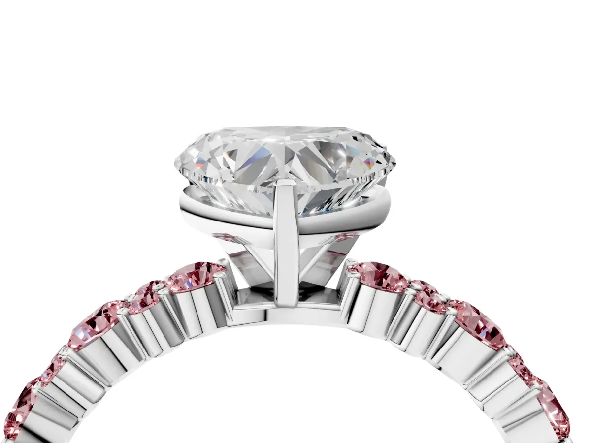 Heart Cut Diamond Side Stone Solitaire Ring with Round Morganite and Four-Prong Setting Platinum