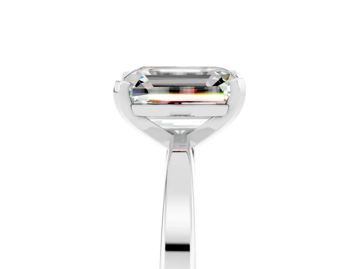 Emerald Cut Moissanite Solitaire Engagement Ring with Classic Band and Four-Prong Setting Silver