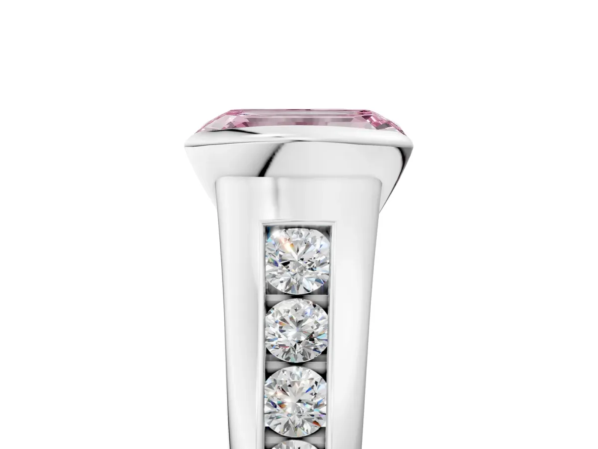 Fancy Pink Emerald Cut Solitaire Bezel-Set Diamond Ring with Channel-Set Band Platinum