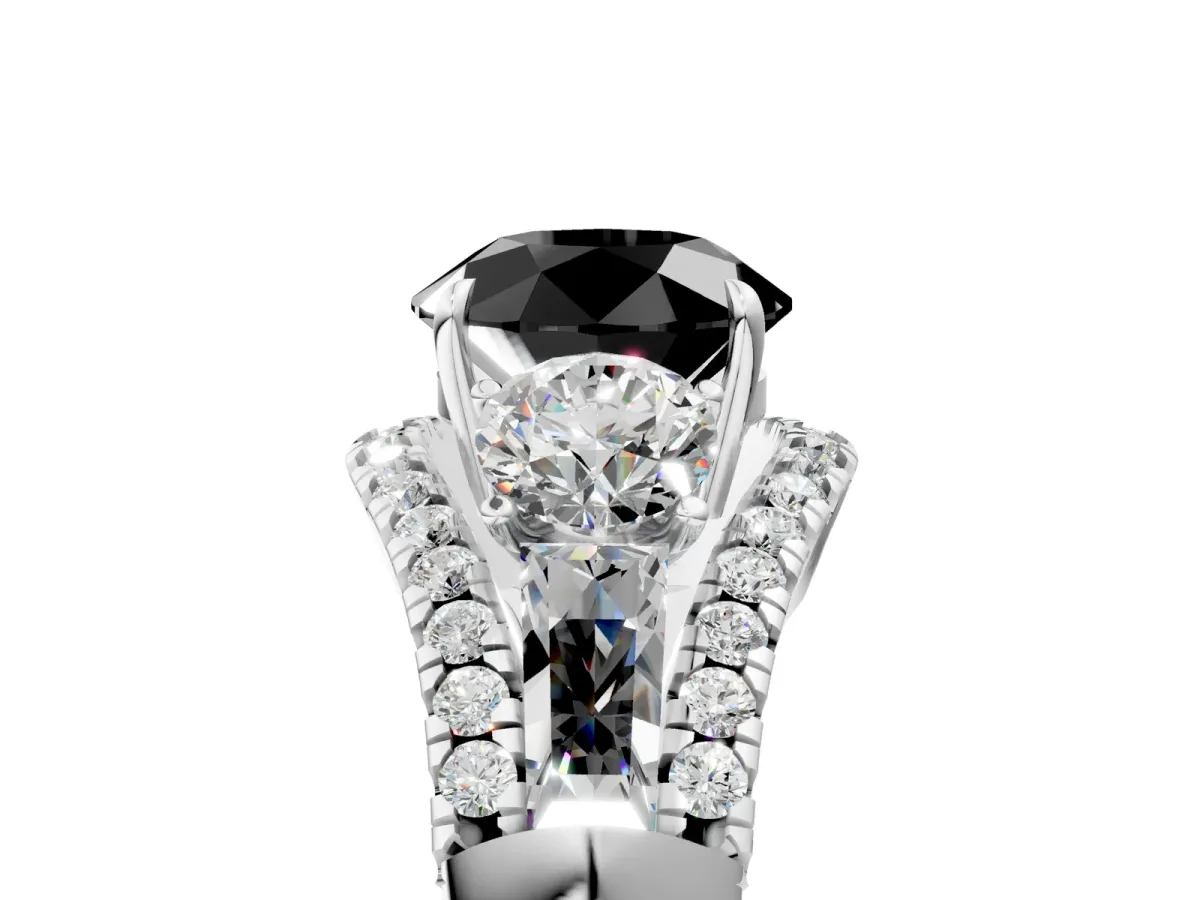 Fancy Black Three-Stone Round Cut Diamond Engagement Ring with Pave Band and Prong Setting Platinum