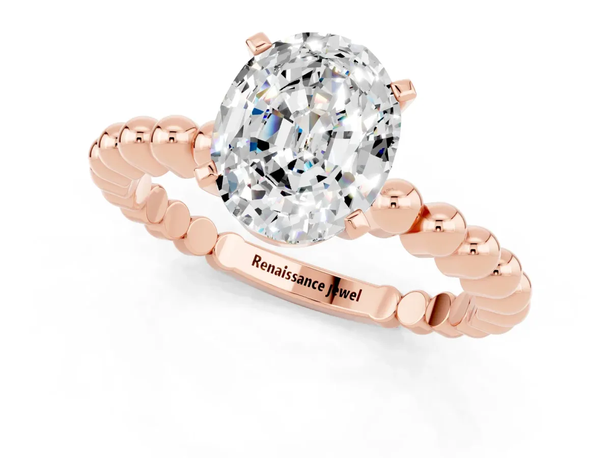 Oval Cut Moissanite Solitaire Ring with Beaded Band and Prong Setting Rose gold