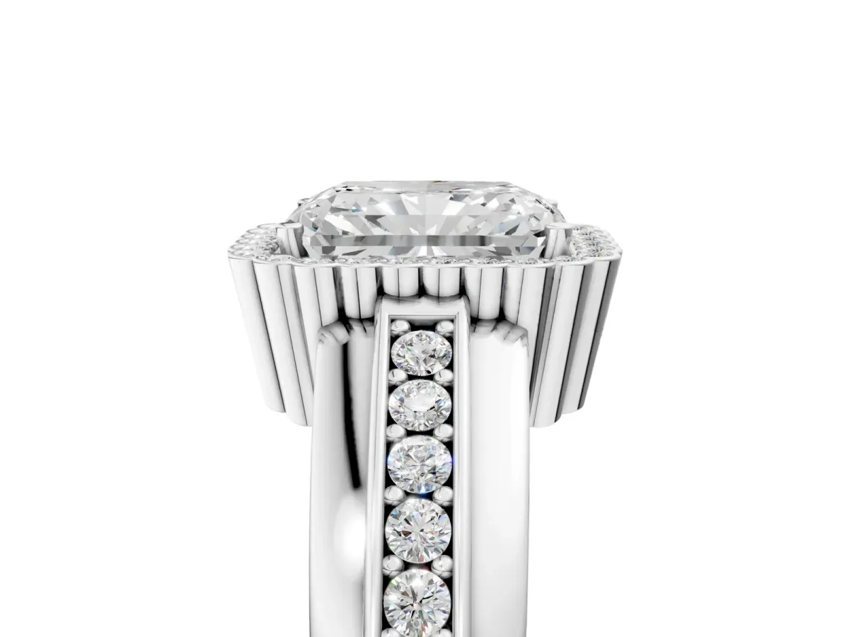 Radiant Cut Cut Halo Pave Band Four-Prong Ring Platinum