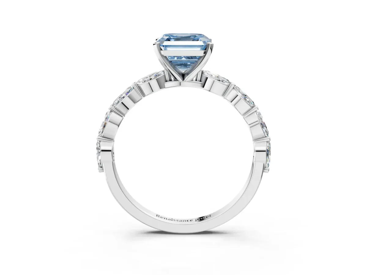 Fancy Blue Asscher Cut Diamond Ring with Marquise Side Stones and Prong Setting Platinum