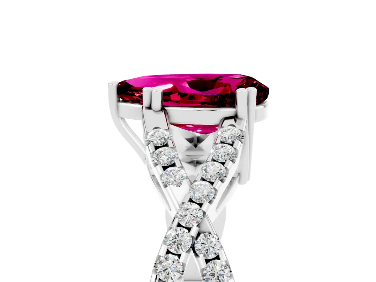 Pear Cut Garnet Solitaire Ring with Four-Prong Setting and Twisted Pavé Band Platinum