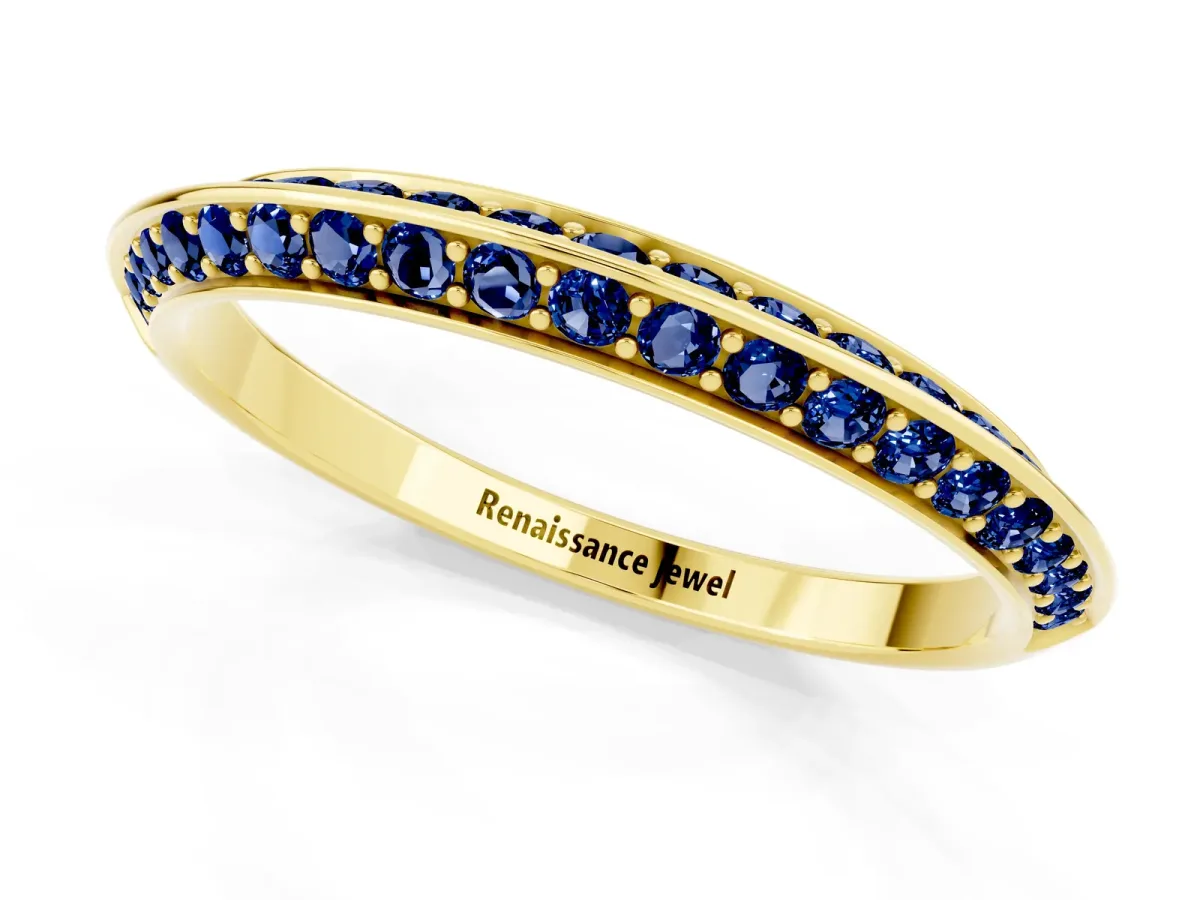 Double Row Pavé Round Blue Sapphire Eternity Band with Channel Setting Yellow gold