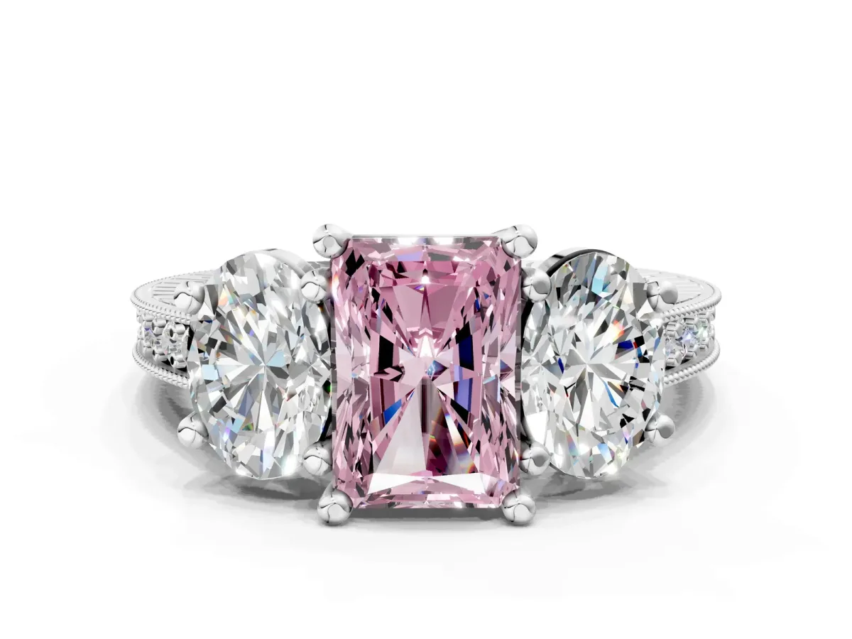 Fancy Pink Three-Stone Radiant Cut Diamond Milgrain Pave Band with Prong Setting Platinum