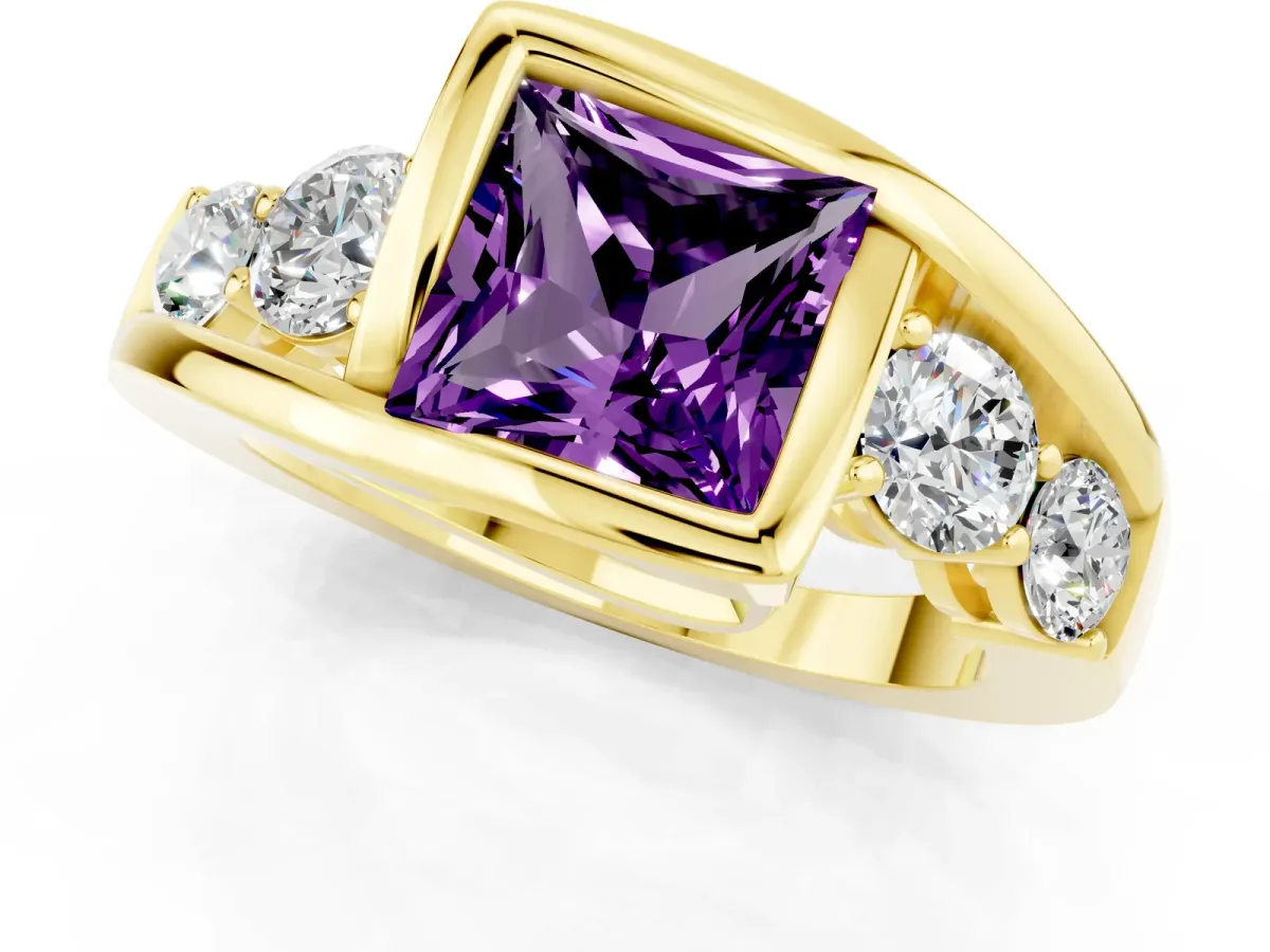 Bezel Set Princess Cut Amethyst Bypass Ring with Round Accents Yellow gold