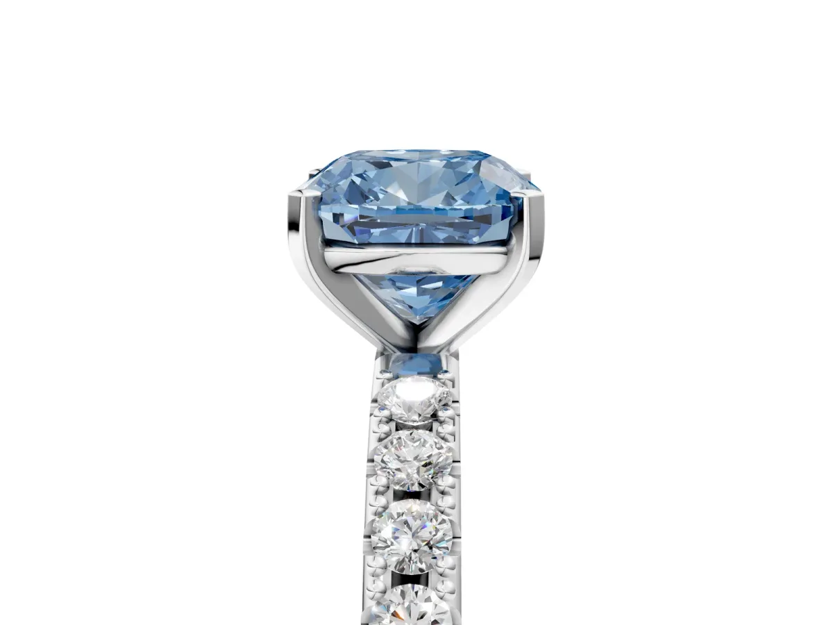 Fancy Blue Cushion Cut Diamond Solitaire Pavé Band with Four-Prong Setting Silver