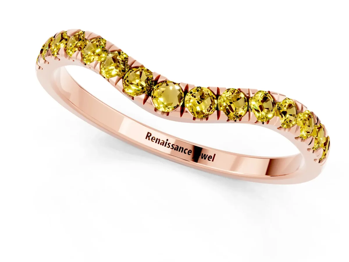 Curved Pavé Round Yellow Sapphire Wedding Band with Shared Prong Setting Rose gold