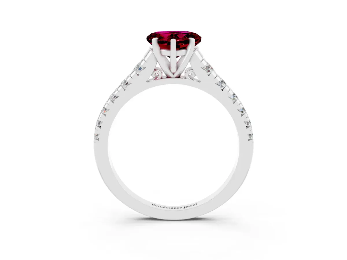 Heart Cut Garnet Cathedral Solitaire Ring with Round Pavé Band Silver
