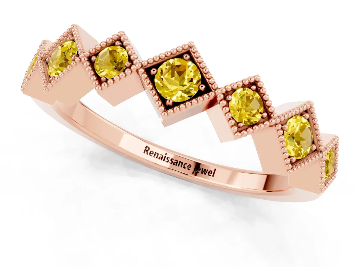 Milgrain Square Bezel Round Yellow Sapphire Chevron Band Rose gold