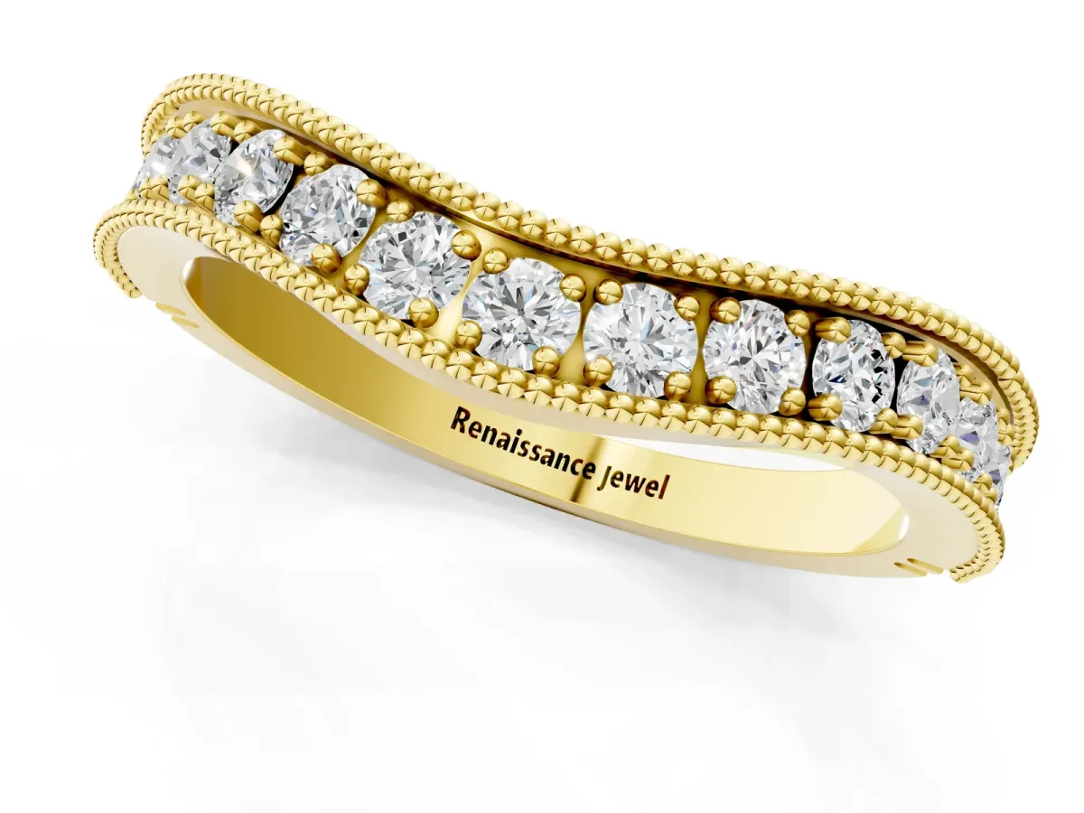 Round Diamond Milgrain Contour Wedding Band with Pavé Setting Yellow gold