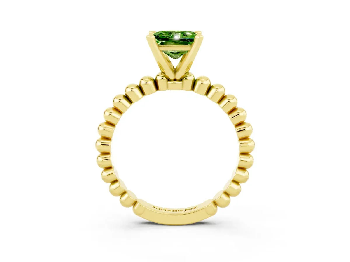 Princess Cut Peridot Solitaire Ring with Beaded Band and Prong Setting Yellow gold