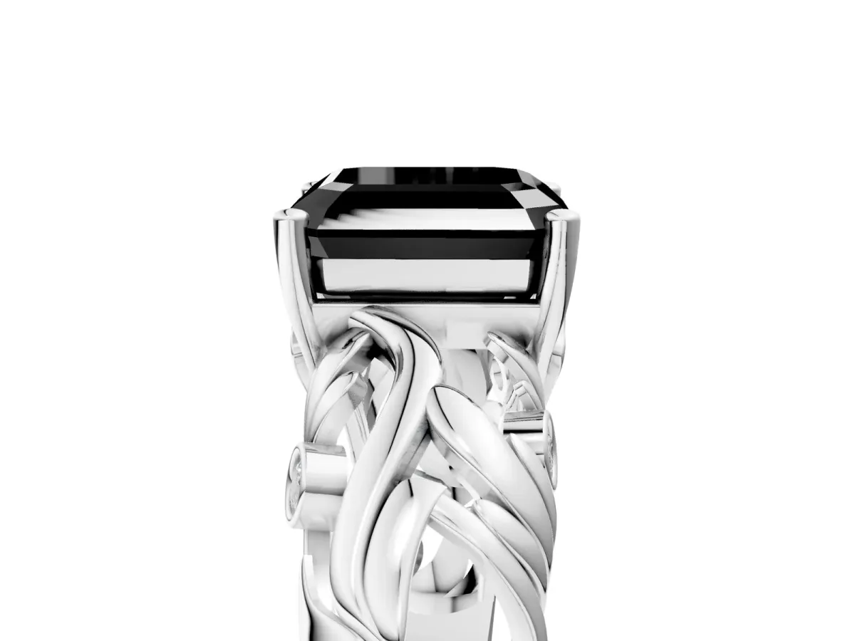 Fancy Black Asscher Cut Solitaire Diamond Leaf-Inspired Vine Band Ring with Prong Setting Platinum
