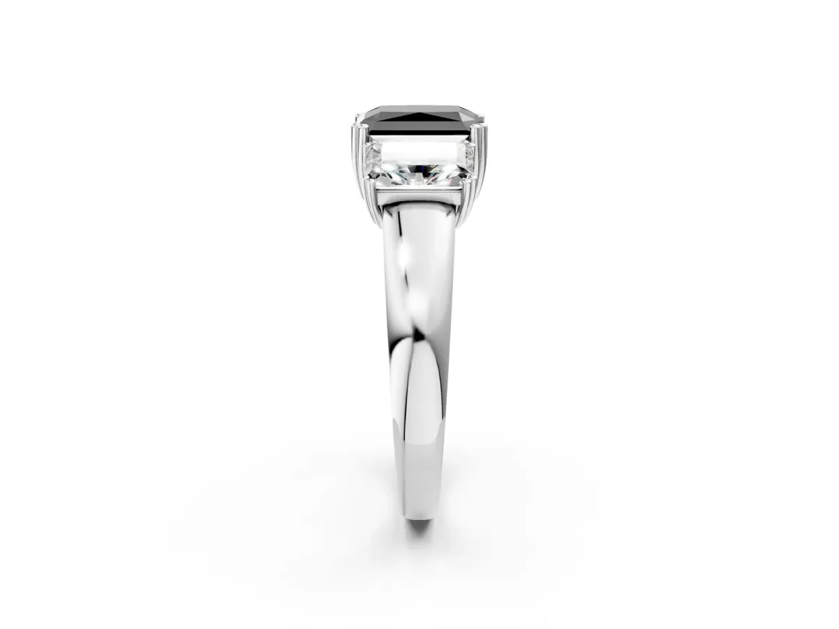 Fancy Black Three-Stone Radiant Cut Cut Diamond Ring with Channel Set Band and Four-Prong Setting Silver