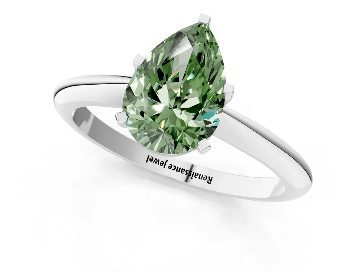Fancy Green Pear Cut Diamond Solitaire Engagement Ring with Classic Band and Four-Prong Setting Silver
