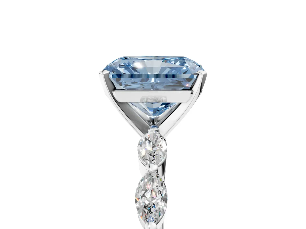Fancy Blue Radiant Cut Diamond Ring with Marquise Side Stones and Prong Setting Platinum