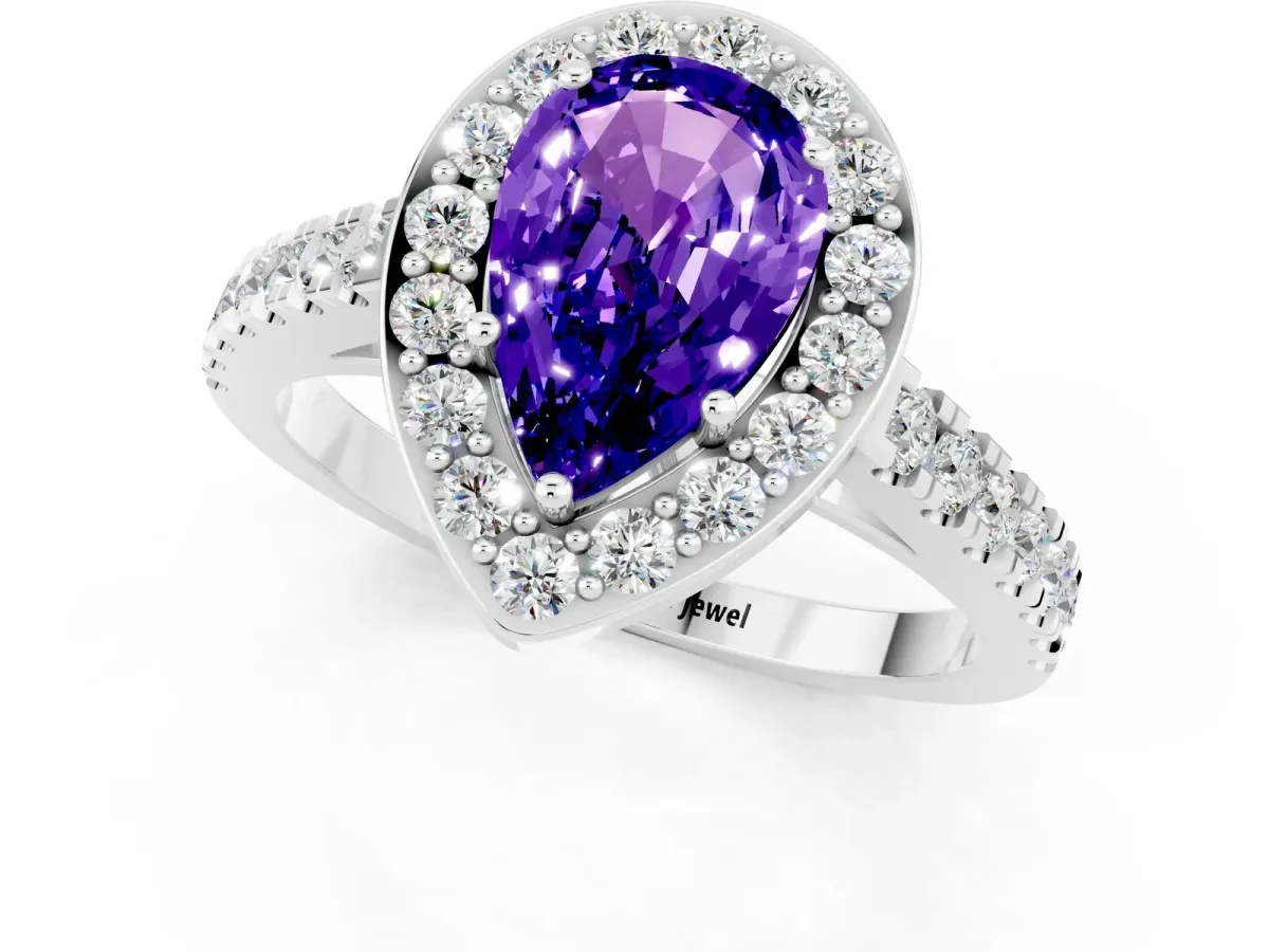 Pear Cut Tanzanite Halo Ring with Round Pavé Split Shank and Prong Setting Platinum