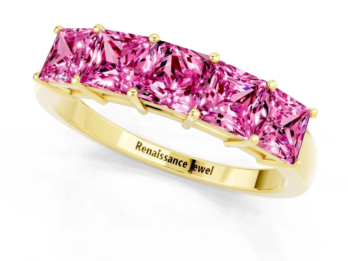 Princess Cut Five-Stone Pink Sapphire Band with Prong Setting Yellow gold
