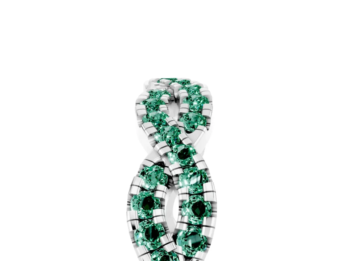 Round Green Sapphire Twisted Eternity Band with Pavé and Shared Prong Setting Platinum