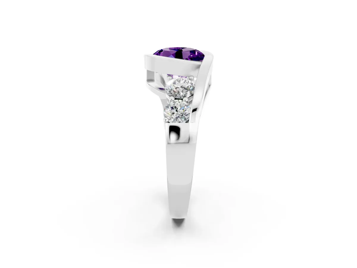 Bezel Set Round Cut Amethyst Bypass Ring with Round Accents Platinum