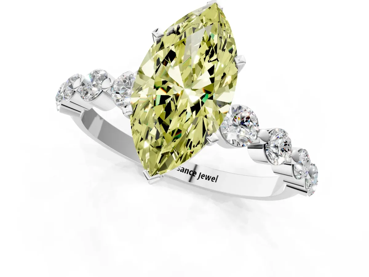 Fancy Yellow Marquise Cut Solitaire Diamond Ring with Pave Band and Four-Prong Setting Silver
