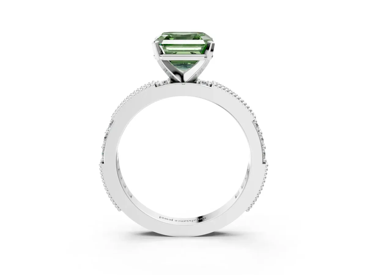 Fancy Green Asscher Cut Solitaire with Pavé Band and Four-Prong Setting Silver