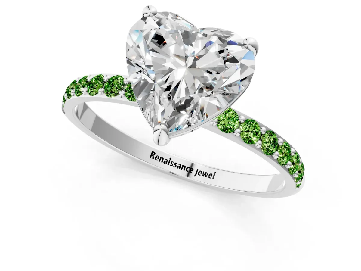 Heart Cut Diamond Solitaire Ring with Round Peridot Pavé Band and Prong Setting Silver
