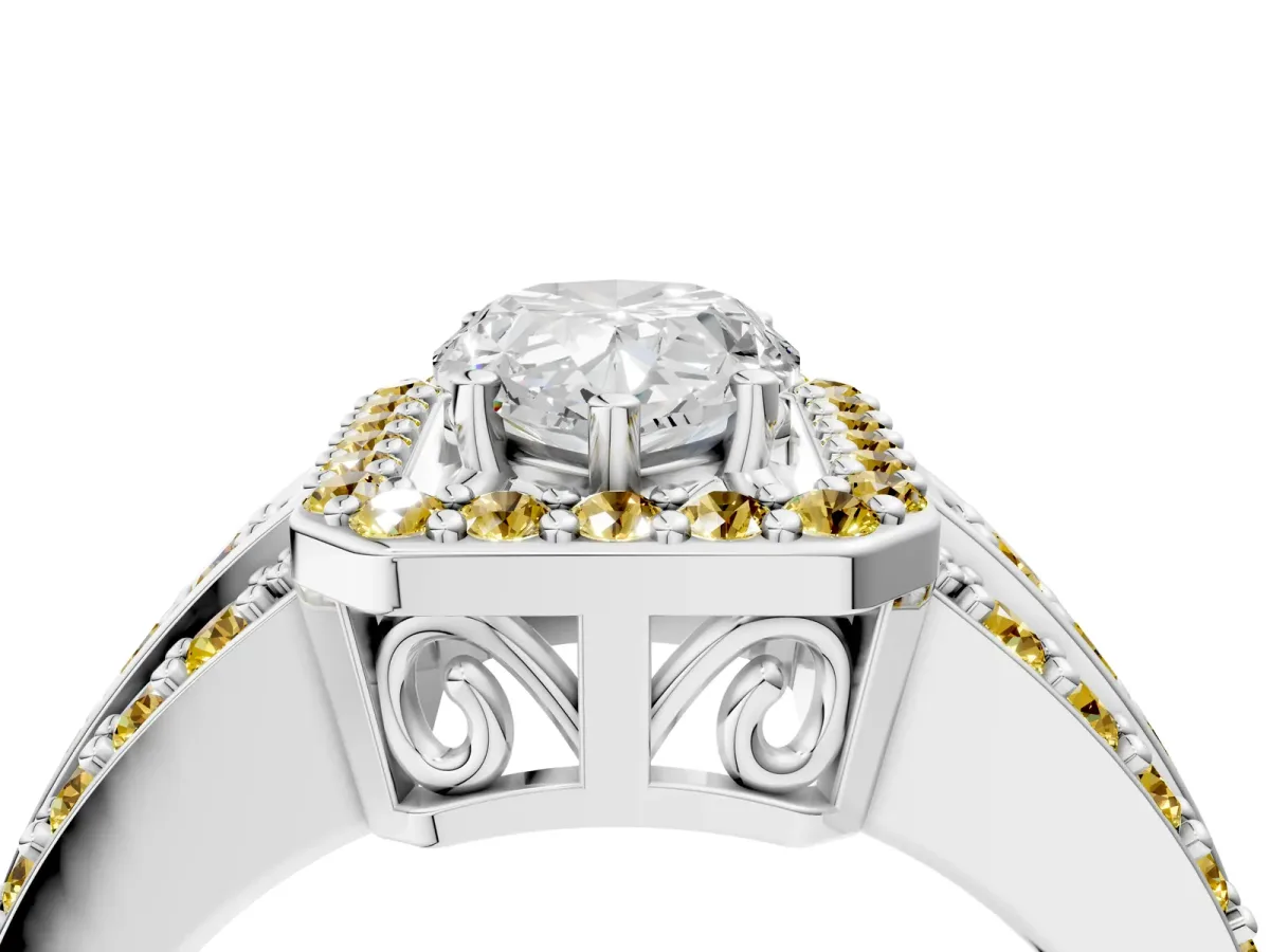 Pear Cut Halo Diamond Ring with Round Yellow Sapphire Split Shank and Prong Setting Silver