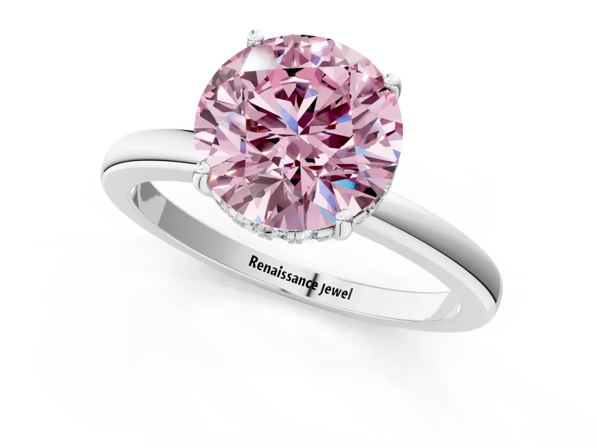 Fancy Pink Round Cut Solitaire Diamond Ring with Prong Setting and Plain Band Platinum