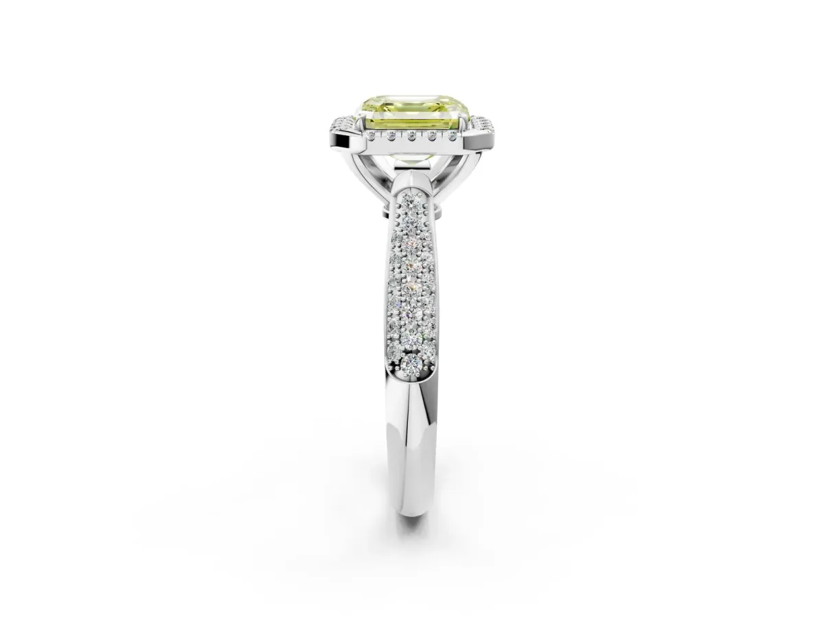 Fancy Yellow Asscher Cut Halo Diamond Ring with Pavé Band Platinum