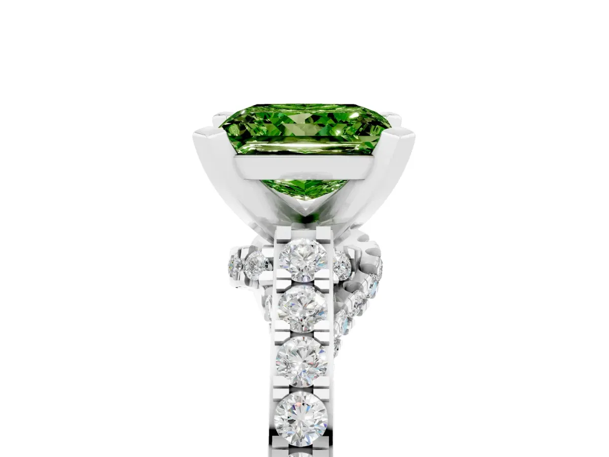 Princess Cut Peridot Solitaire Ring with Crossover Gallery and Round Pavé Band Silver