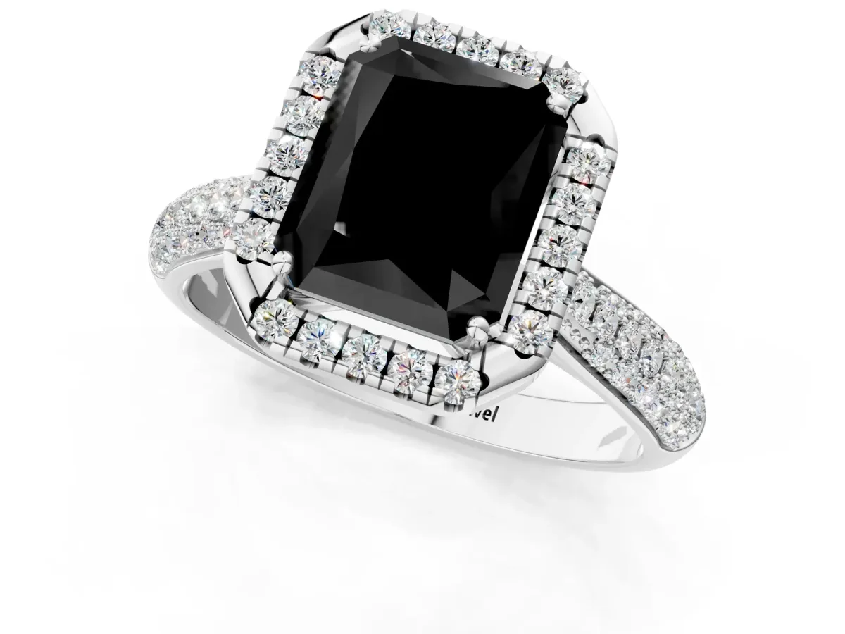 Fancy Black Radiant Cut Halo Diamond Ring with Pavé Band Platinum