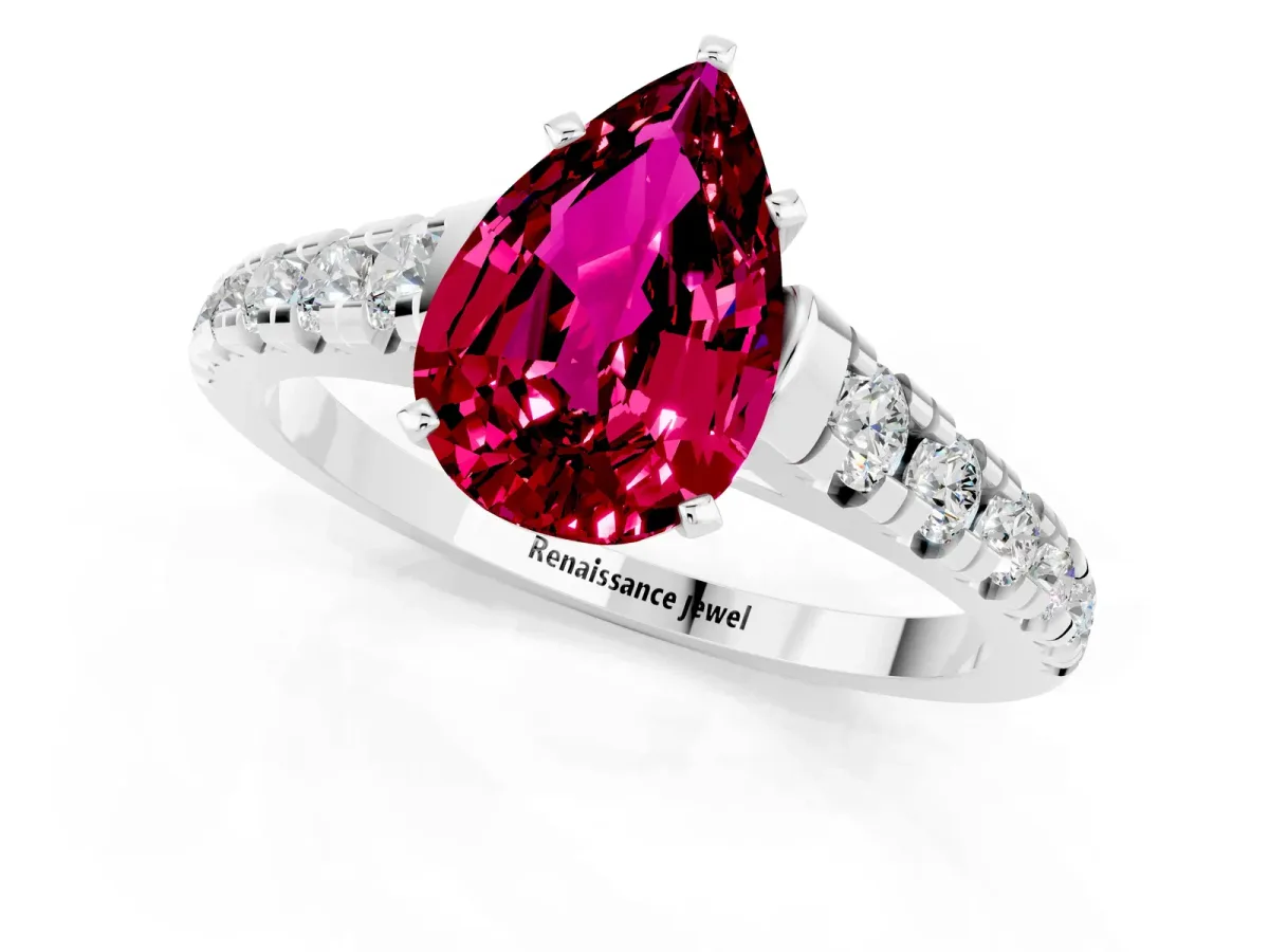 Pear Cut Garnet Cathedral Solitaire Ring with Round Pavé Band Platinum