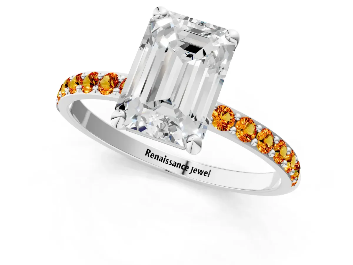 Emerald Cut Diamond Solitaire Ring with Round Citrine Pavé Band and Prong Setting Platinum