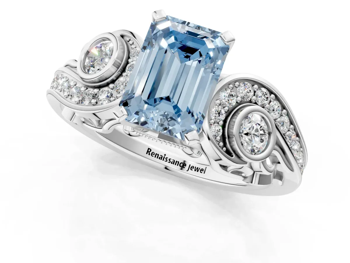 Fancy Blue Emerald Cut Diamond Solitaire Ring with Milgrain Pavé Band and Four-Prong Setting Silver