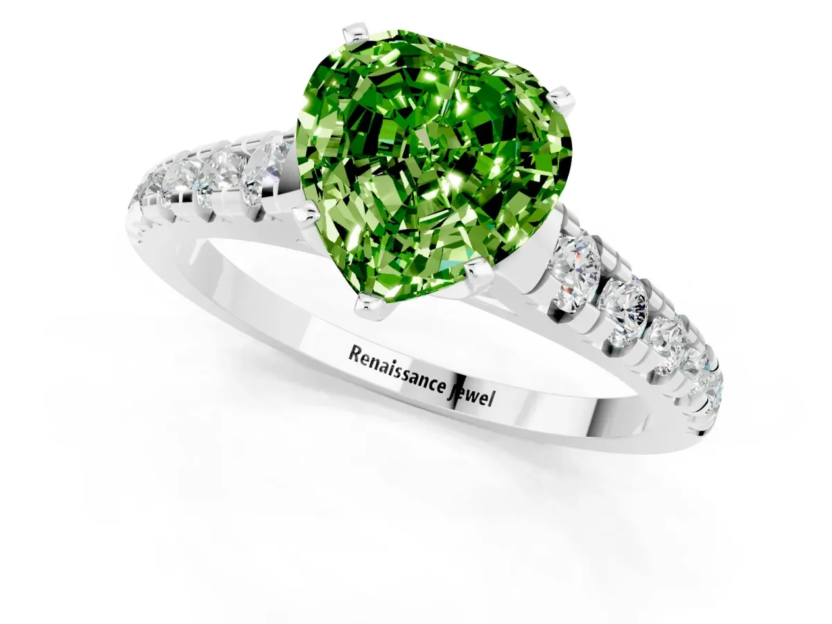 Heart Cut Peridot Cathedral Solitaire Ring with Round Pavé Band Silver