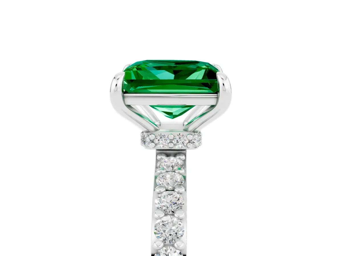 Princess Cut Emerald Solitaire Engagement Ring with Pavé Band and Four-Prong Setting Silver