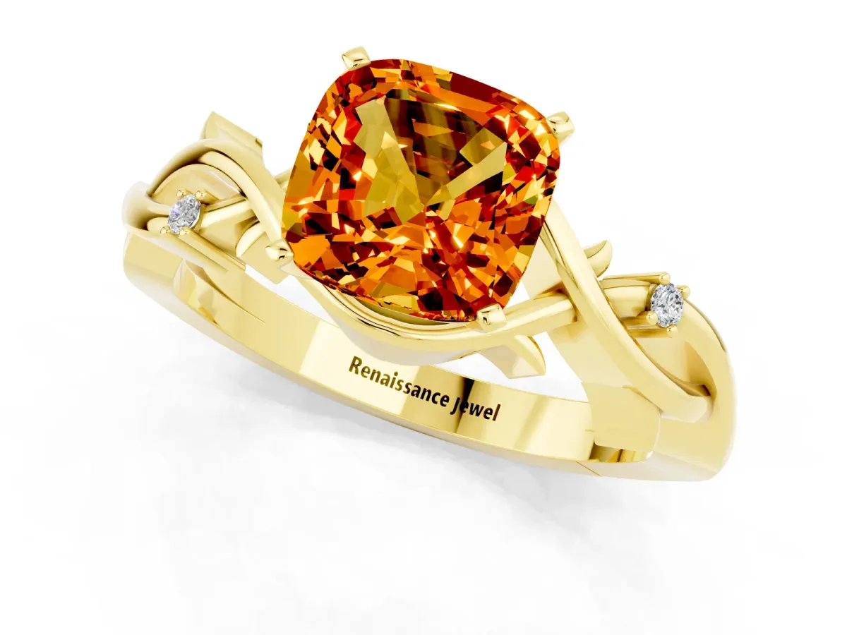 Cushion Cut Citrine Solitaire Ring with Twisted Band and Prong Setting Yellow gold