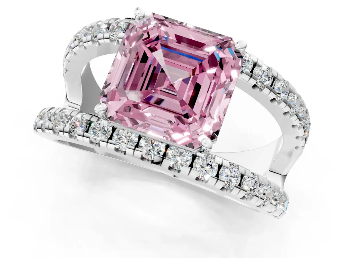 Fancy Pink Asscher Cut Solitaire Split Shank Pave Diamond Ring Platinum