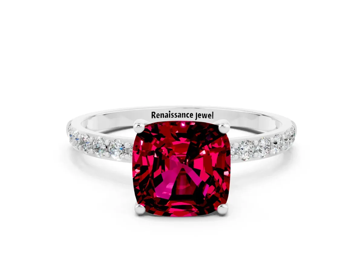 Cushion Cut Garnet Solitaire Ring with Round Pavé Band and Prong Setting Silver