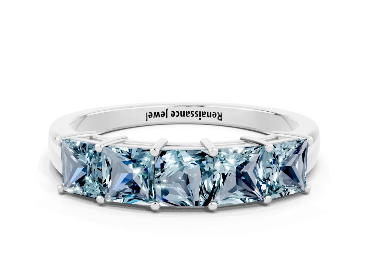 Princess Cut Five-Stone Aquamarine Band with Prong Setting Platinum