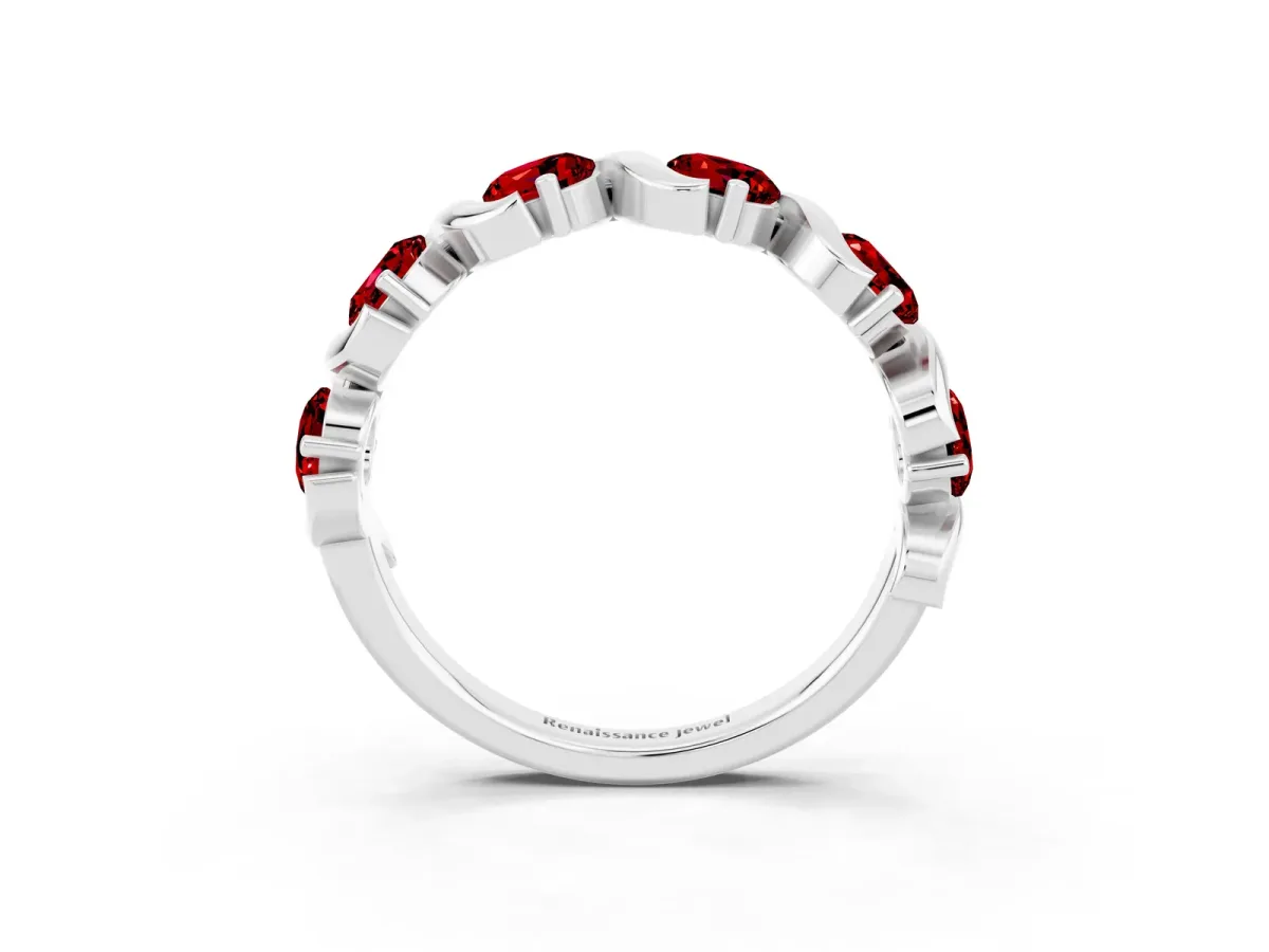 Round Ruby Half Eternity Band with Wave Prong Setting White gold
