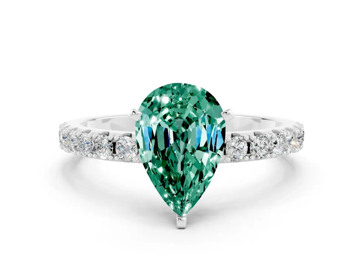 Pear Cut Green Sapphire Solitaire Pavé Band with Four-Prong Setting Silver