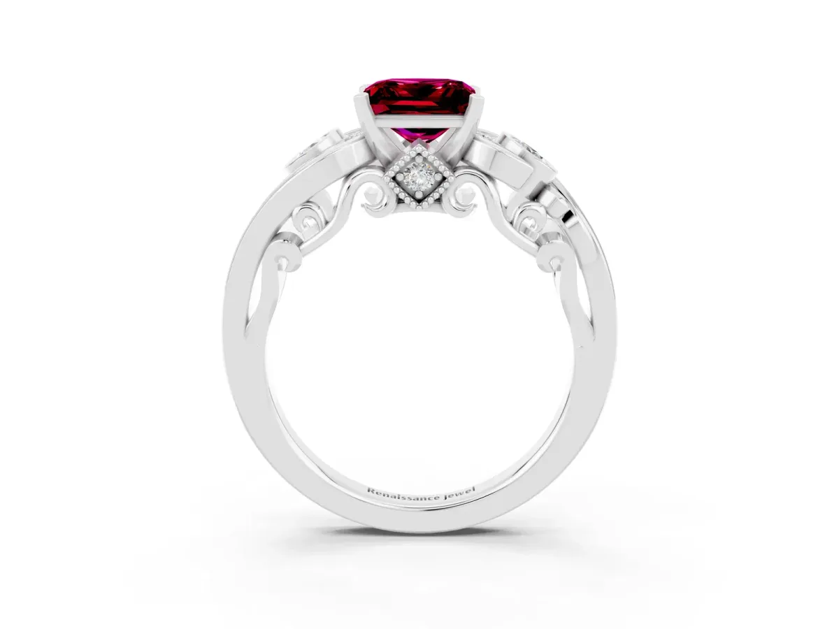 Princess Cut Garnet Solitaire Ring with Milgrain Pavé Band and Four-Prong Setting Silver