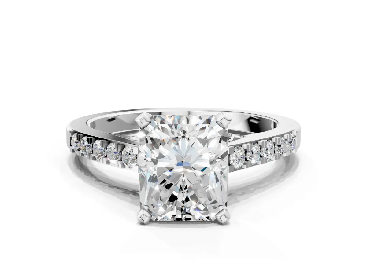 Radiant Cut Diamond Solitaire Ring with Crossover Gallery and Round Pavé Band Silver