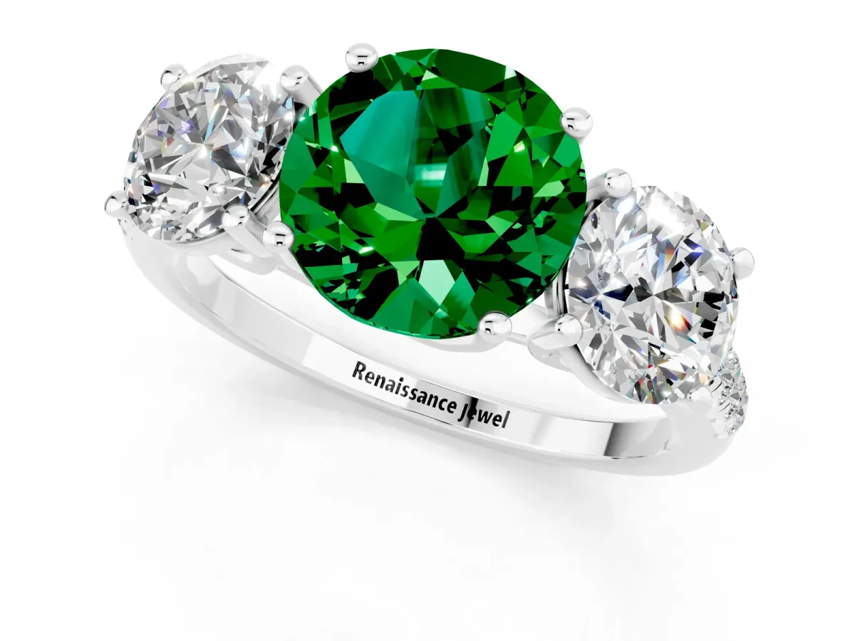 Three-Stone Round Cut Emerald Ring with Round Pavé Band and Prong Setting Silver