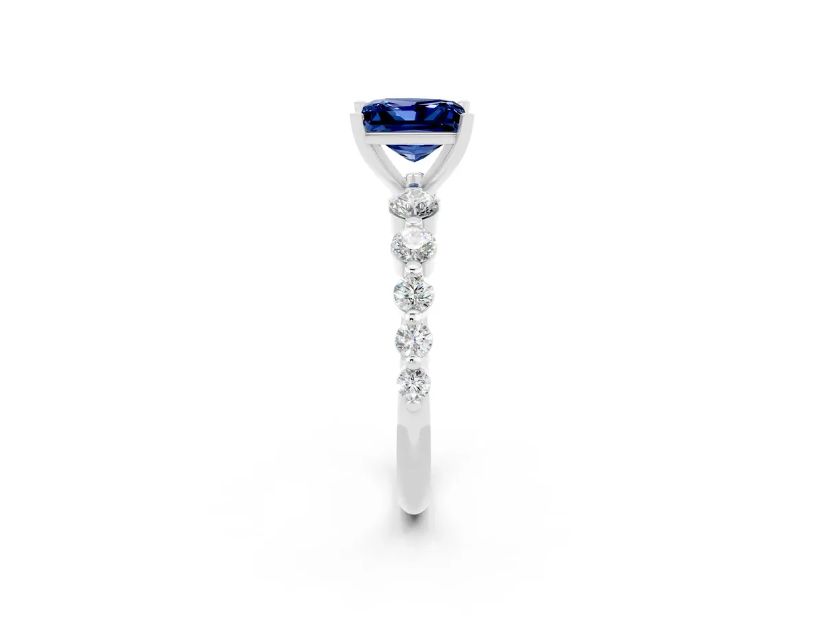 Princess Cut Solitaire Blue Sapphire Ring with Pave Band and Four-Prong Setting Silver