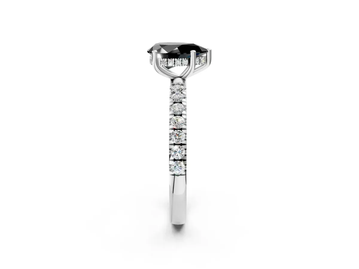 Fancy Black Pear Cut Diamond Pave Band Solitaire Ring with Round and Prong Setting Silver